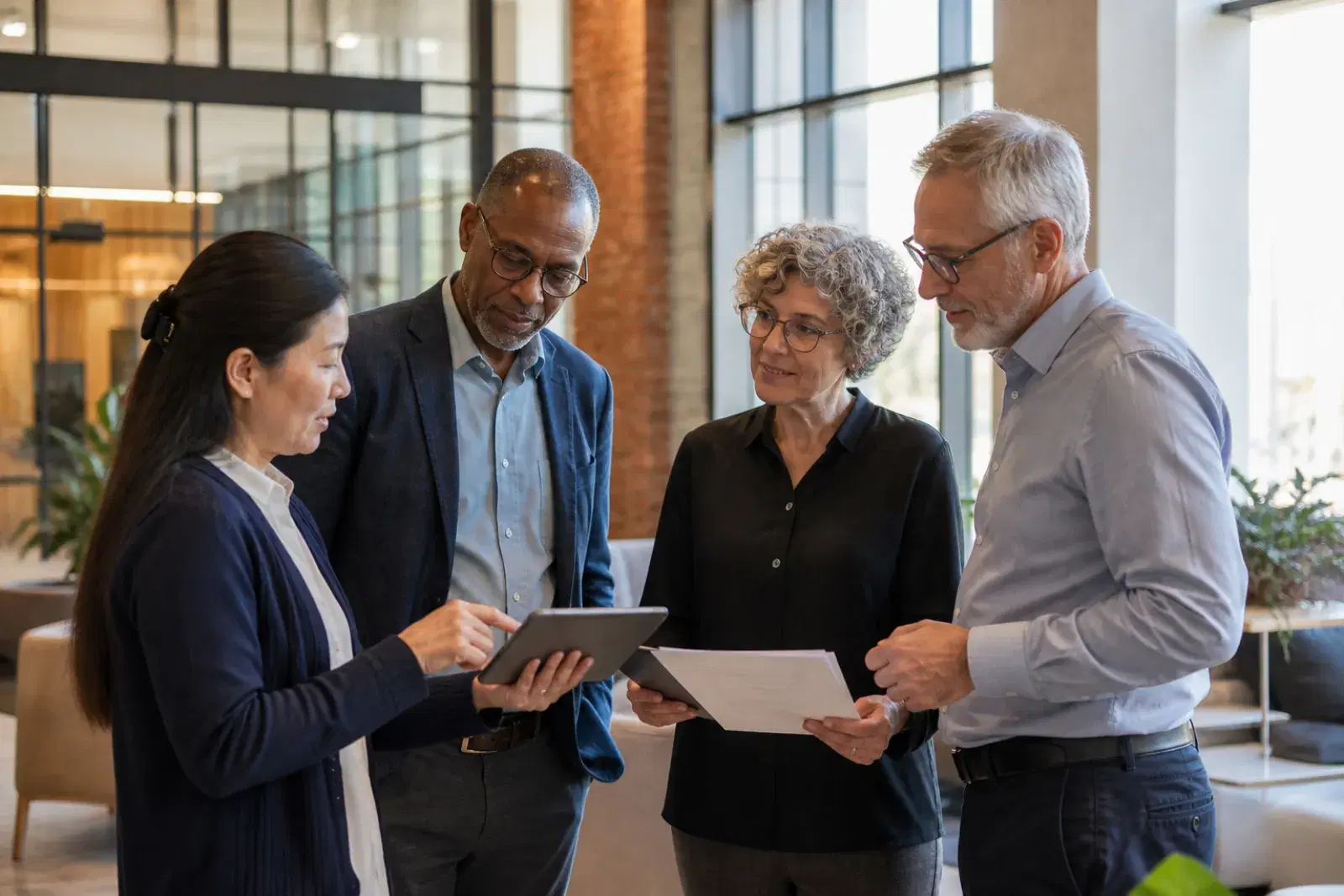 Scientists and a research director discussing results in a modern life-sciences building.