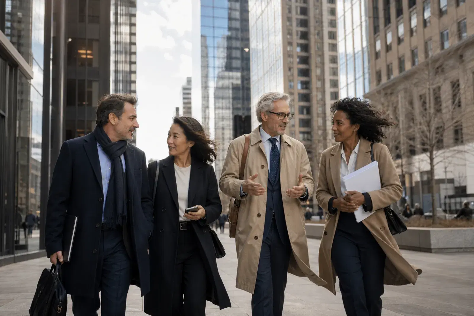 Business colleagues crossing a plaza between tall buildings on a bright, windy Chicago day.