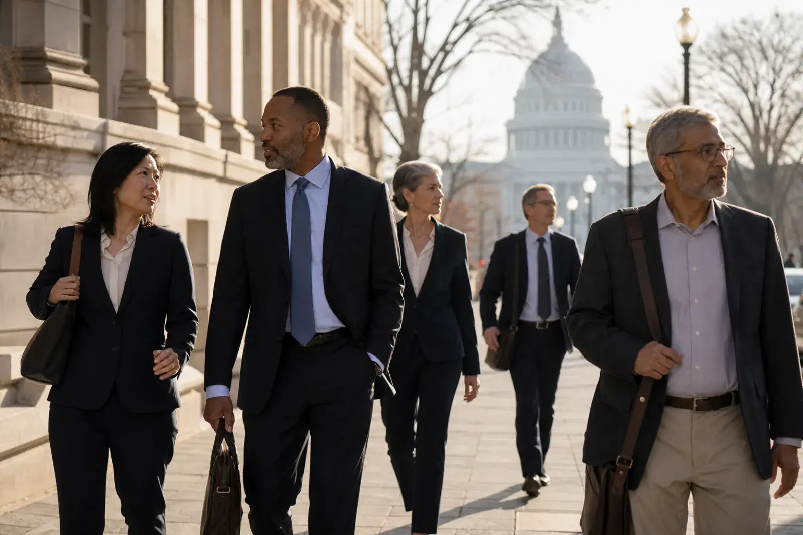Professionals walking along a wide neoclassical Washington DC street in soft morning light.