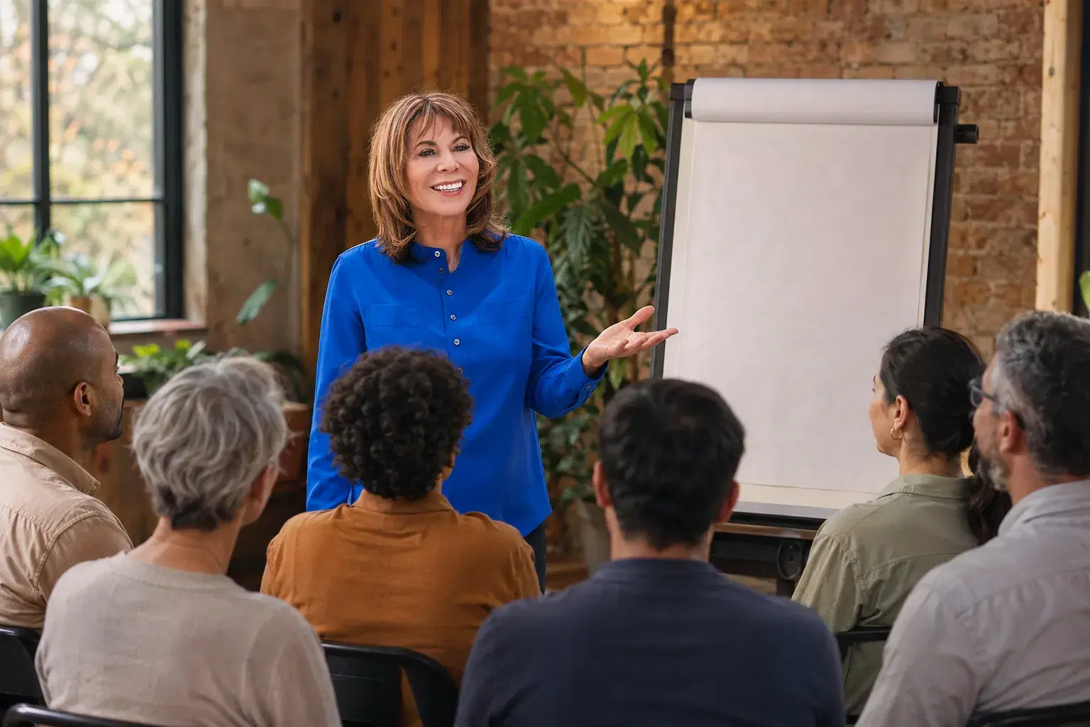 Laurie Schloff facilitating a presentation skills workshop at a flip chart for a seated group.