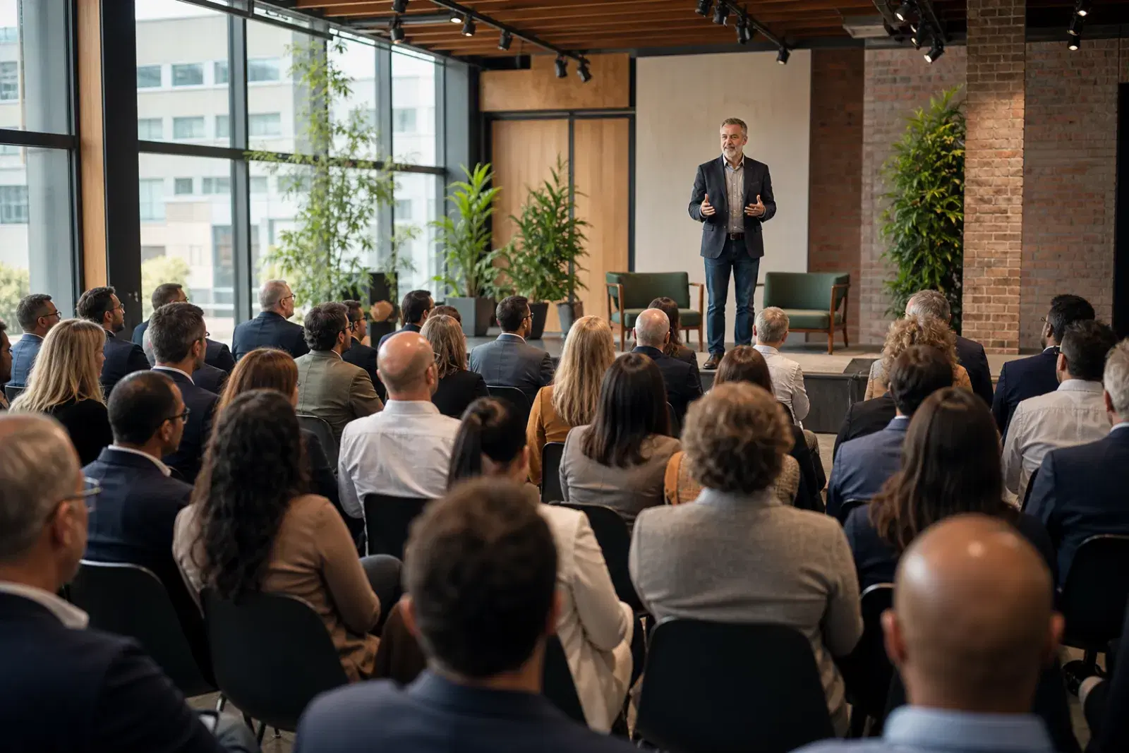 A speaker addressing a seated audience of about forty people from a low stage in a modern venue.