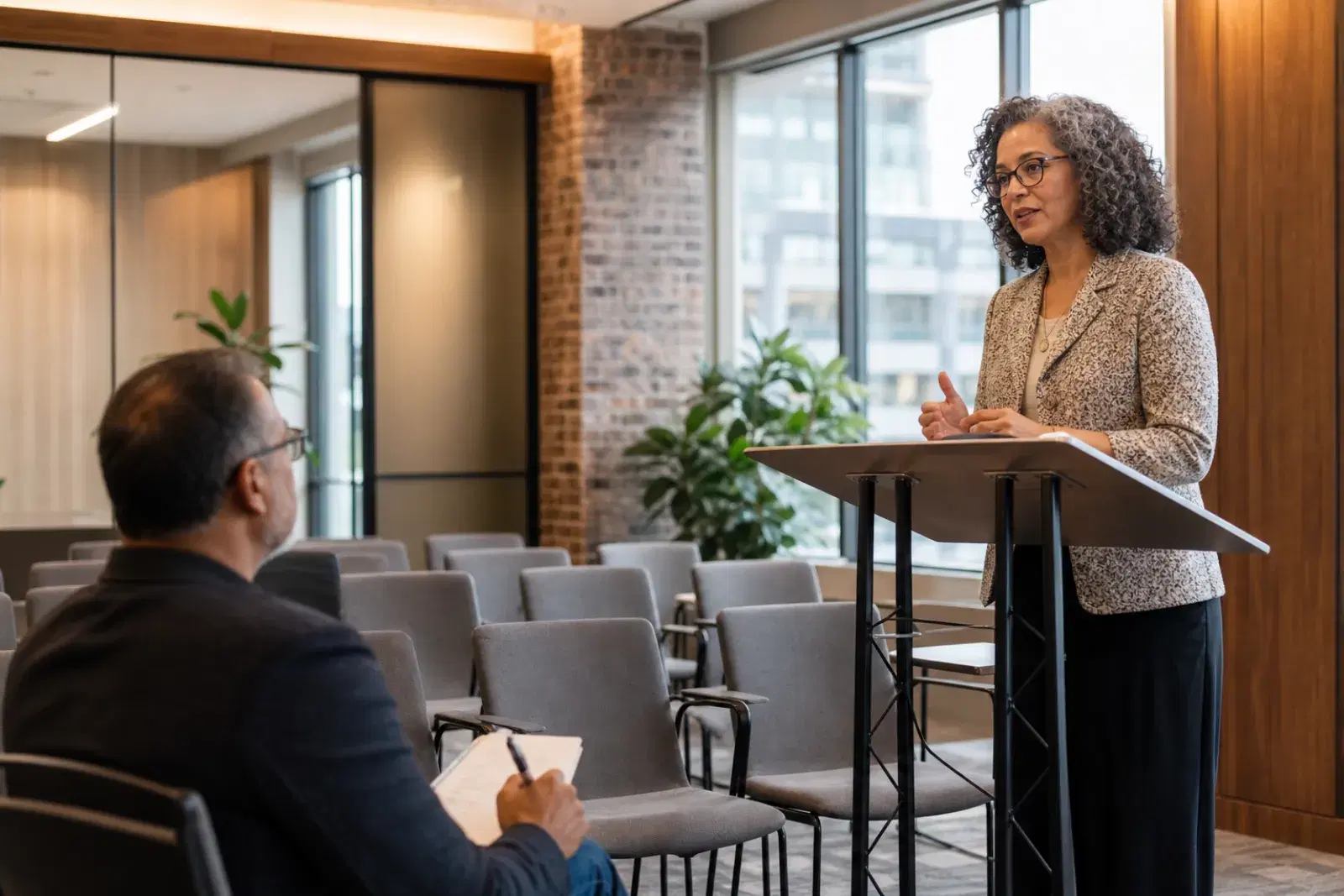 A speaker rehearsing at a lectern in an empty conference room while a coach takes notes.