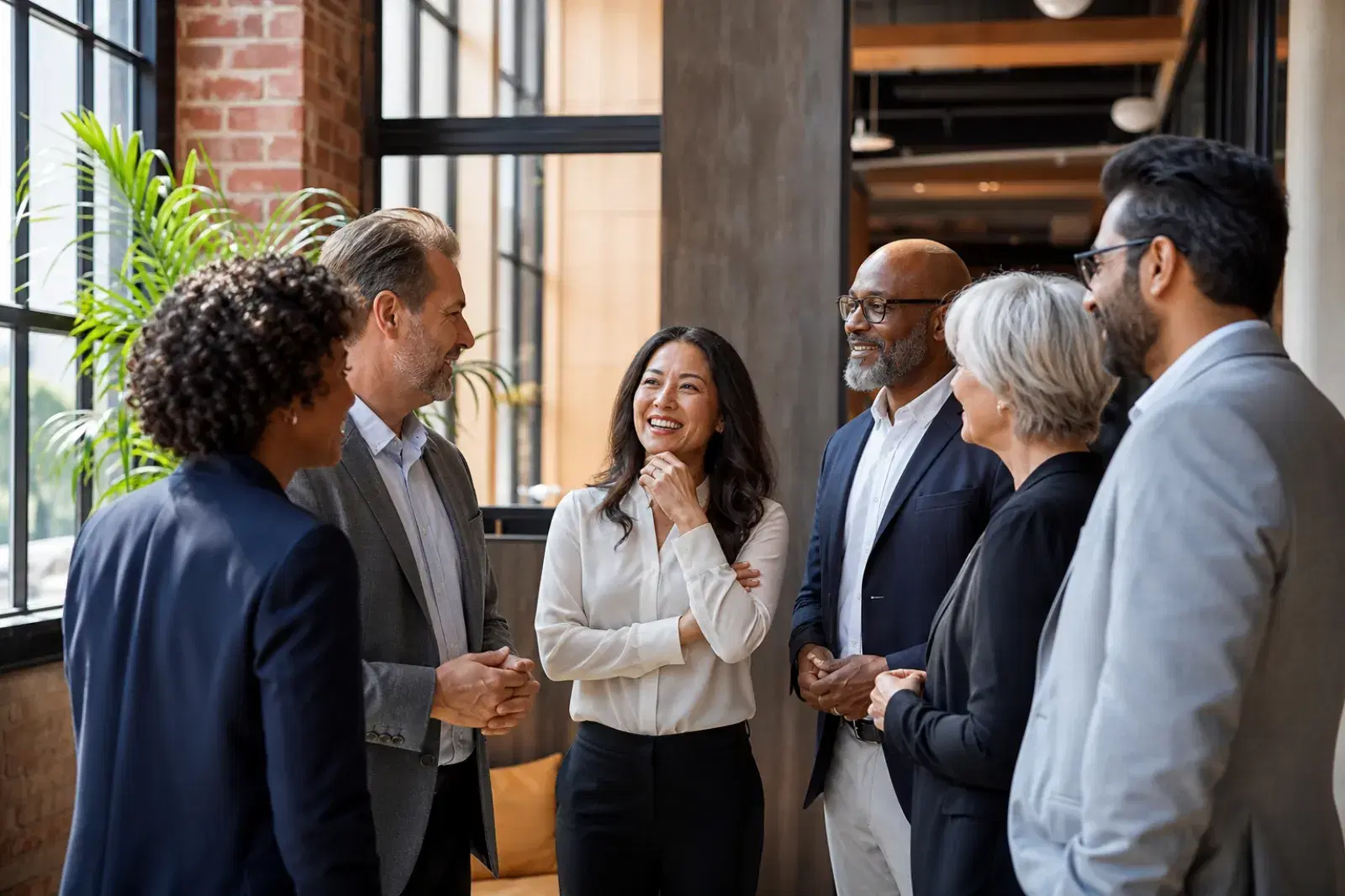 Six senior professionals talking together in a bright office atrium between sessions