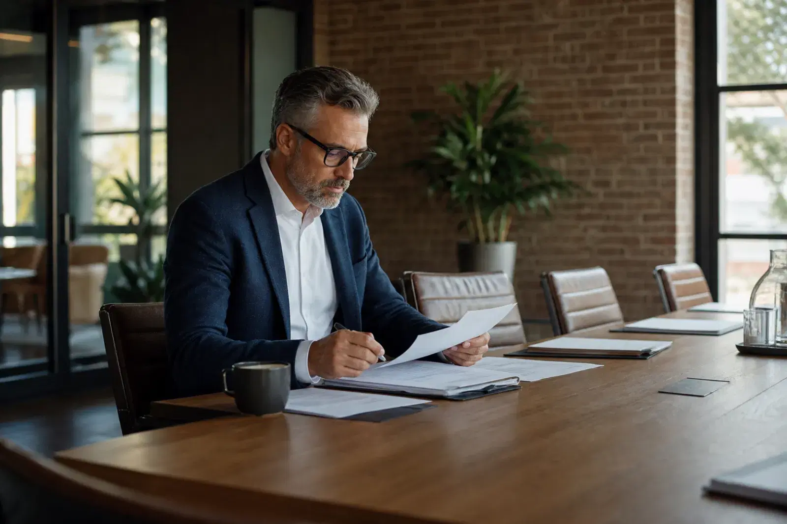 A senior executive preparing alone at a boardroom table before a meeting begins.