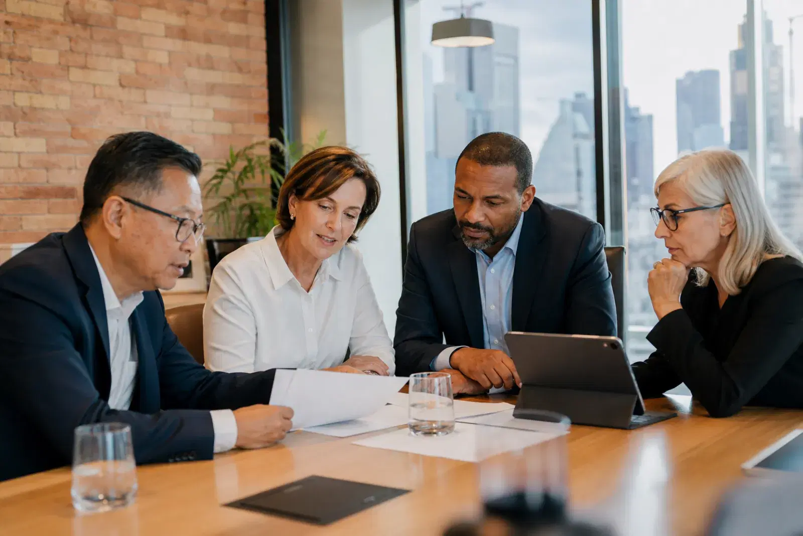 Finance professionals reviewing material together in a glass-walled meeting room above the city.