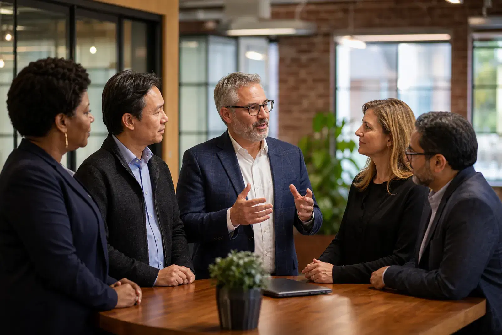 Engineering and product leaders talking around a high table in a modern technology office.