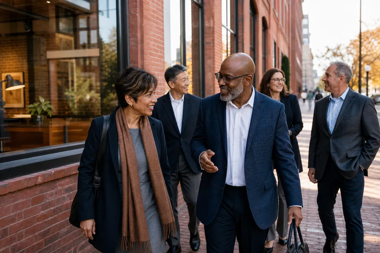 Professionals talking outside a historic red-brick office building on a bright Boston morning.