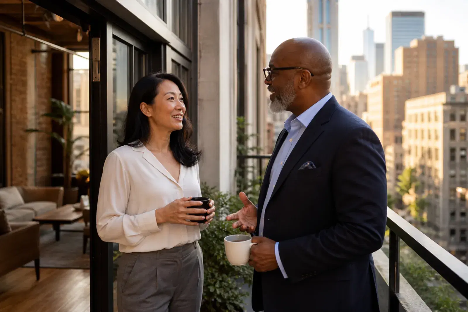 Two colleagues in conversation on a Manhattan office terrace in late afternoon light.
