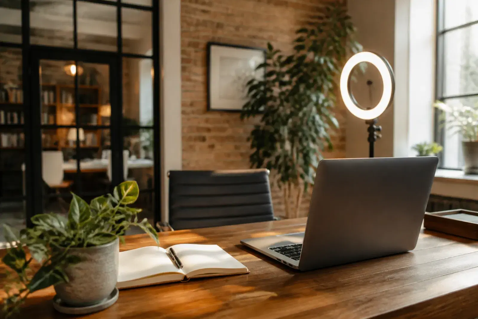 A home office set up for professional video calls — ring light, laptop and notebook on a wooden desk
