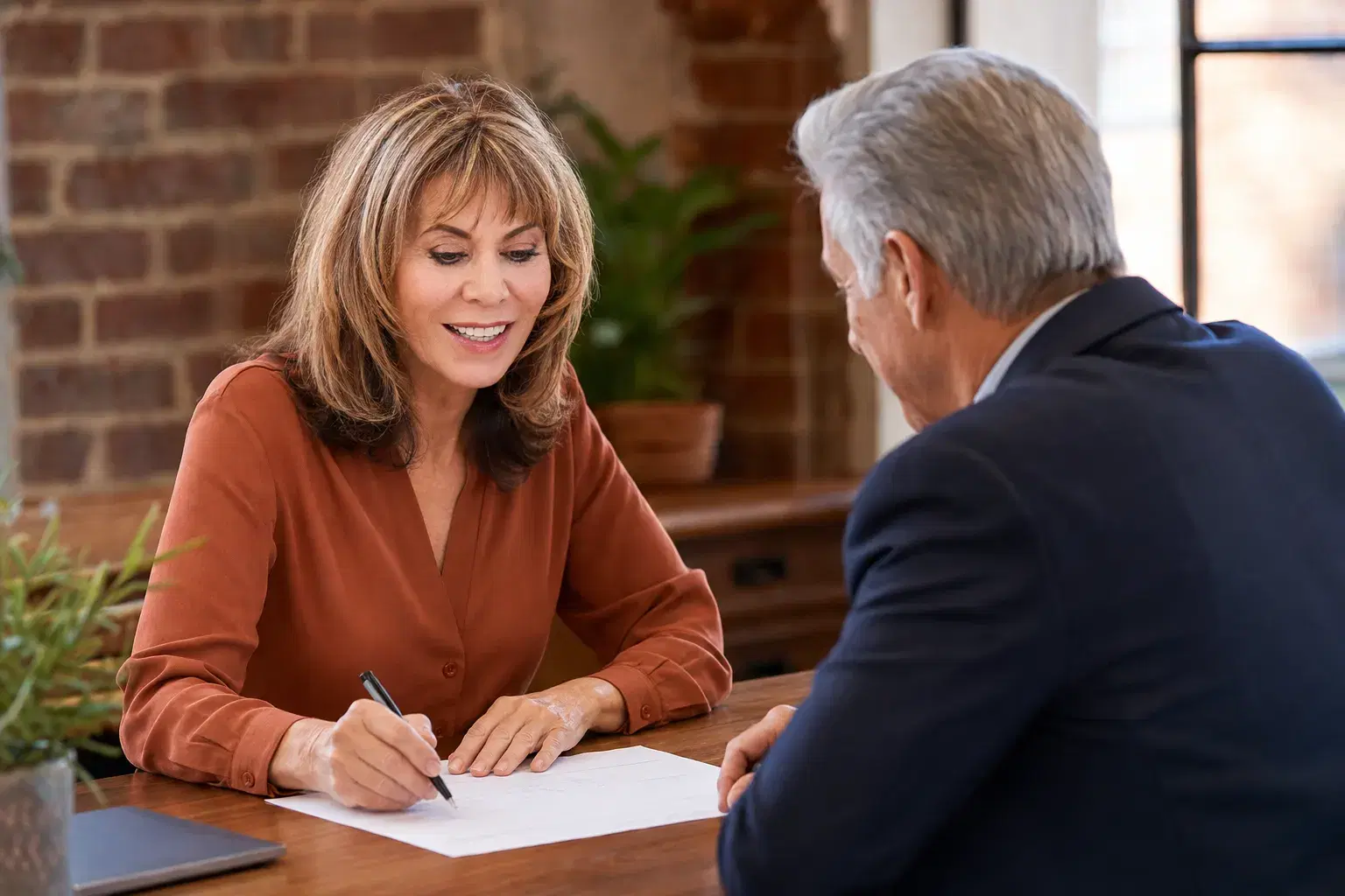Laurie Schloff annotating a page with a senior executive at a table in a bright office.