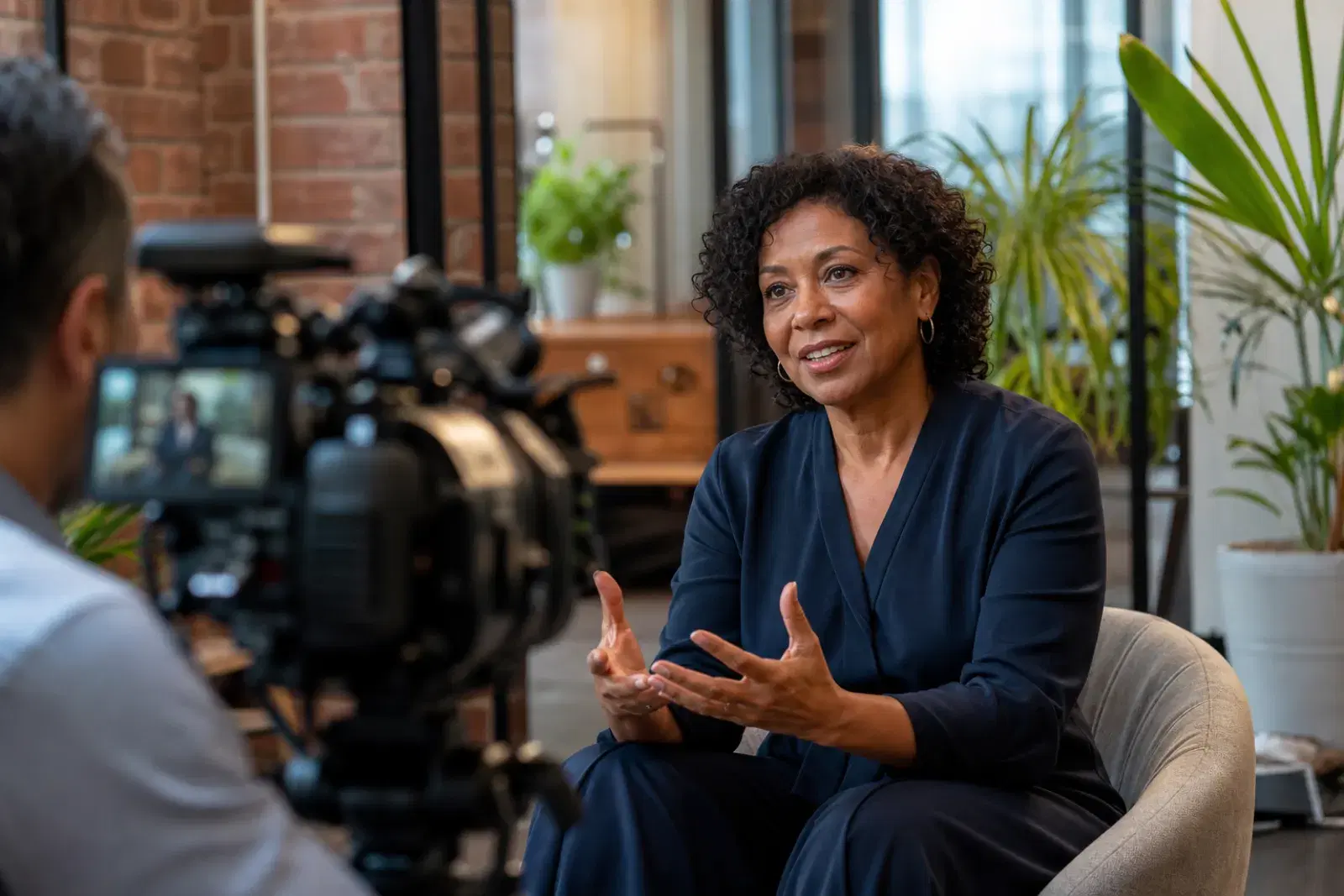 An executive being interviewed on camera under soft studio lights during a media training session.
