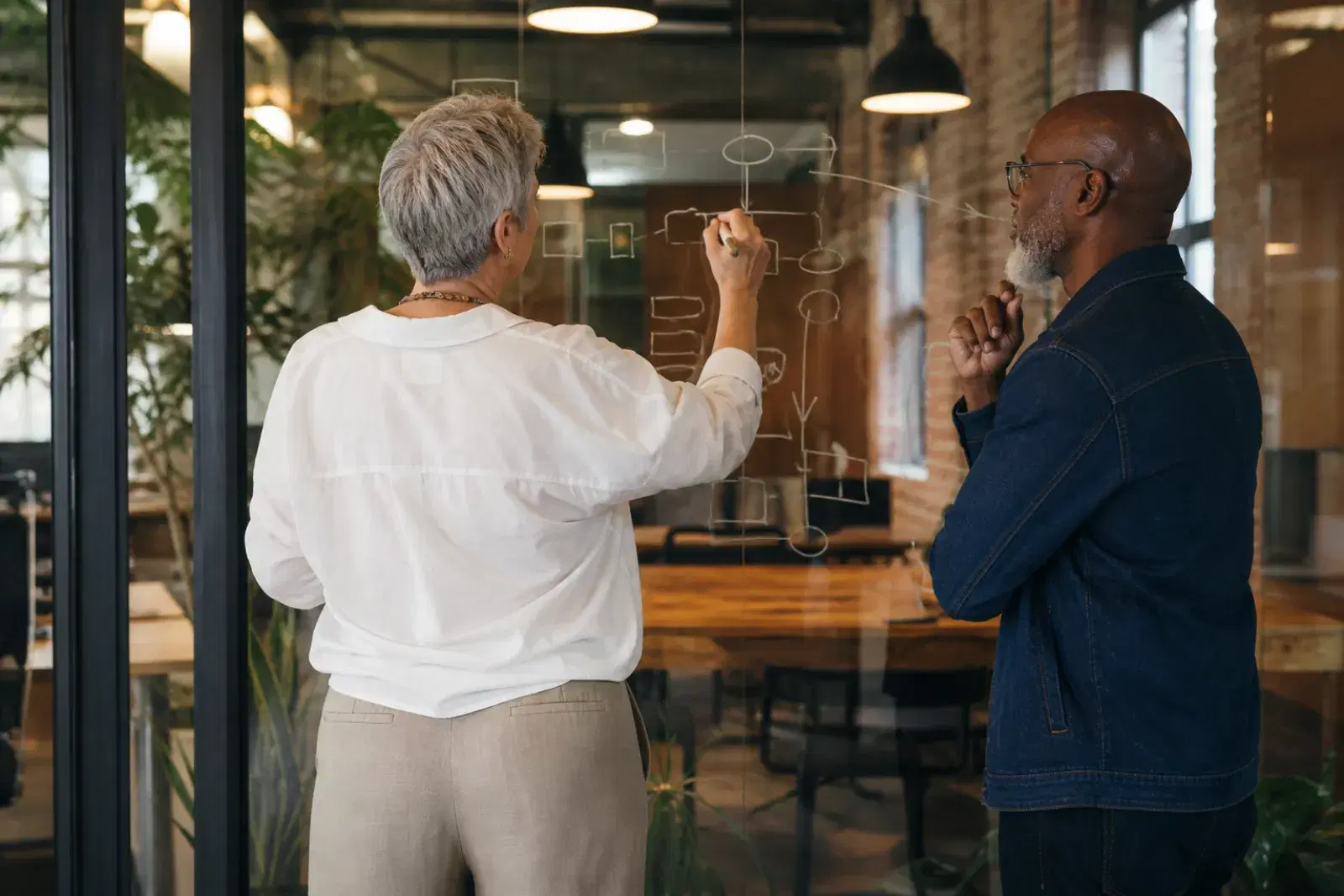 A coach mapping a communication system onto a glass wall while a colleague considers the layout
